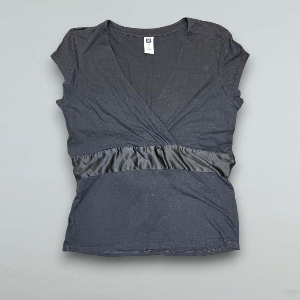 Women’s Black Wrap Front Top Satin Waist Tie Short Sleeve Y2K Size Large